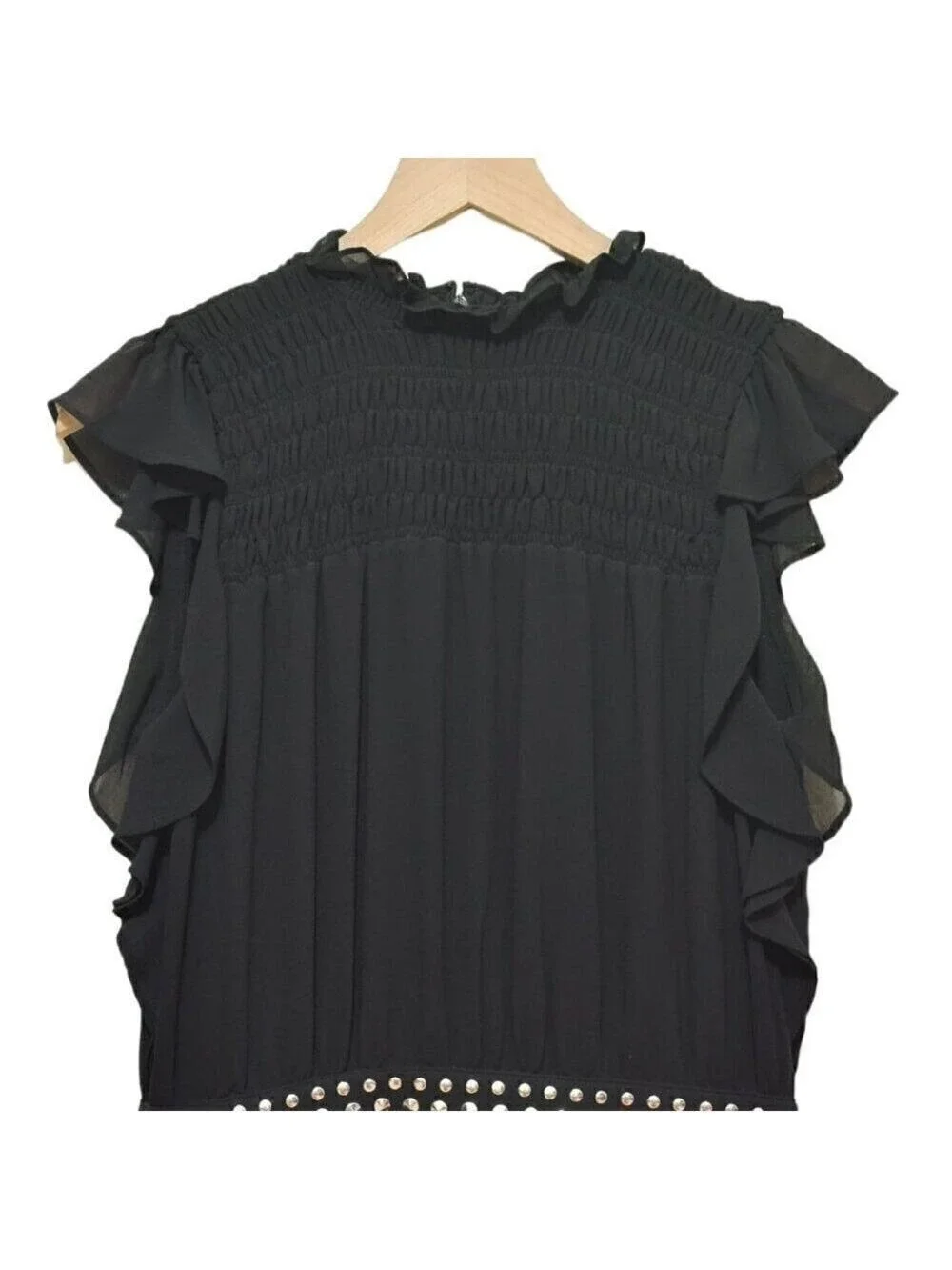 Michael Kors Black Studded Smocked Ruffle Neck Mini Dress Sz S